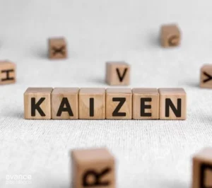 La palabra Kaizen formada con bloques de madera sobre una superficie clara, representando el concepto de mejora continua paso a paso