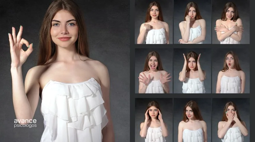 Mujer mostrando distintas expresiones faciales que ilustran los tipos de emociones humanas