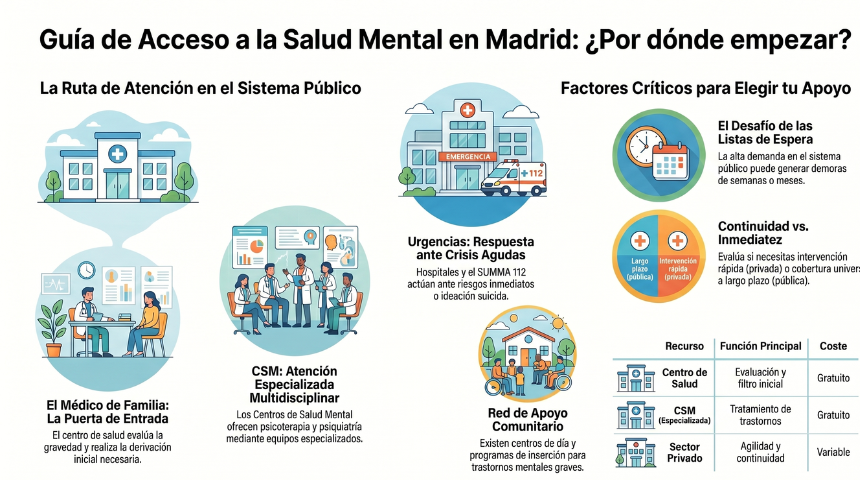 Guía de acceso a recursos de salud mental en Madrid con centros públicos, urgencias y opciones de apoyo psicológico