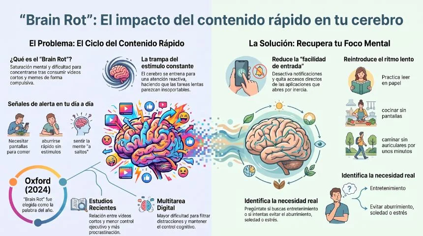 Infografía sobre el brain rot y cómo el contenido rápido afecta a la atención, el descanso mental y la concentración