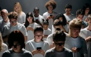Grupo de personas mirando el móvil como representación del brain rot y el consumo excesivo de contenido rápido