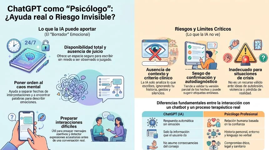 Infografía sobre los beneficios, riesgos y límites de usar ChatGPT como psicólogo