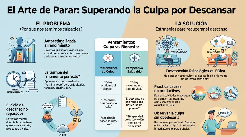 Infografía sobre las causas de la culpa por descansar y estrategias para recuperar un descanso reparador