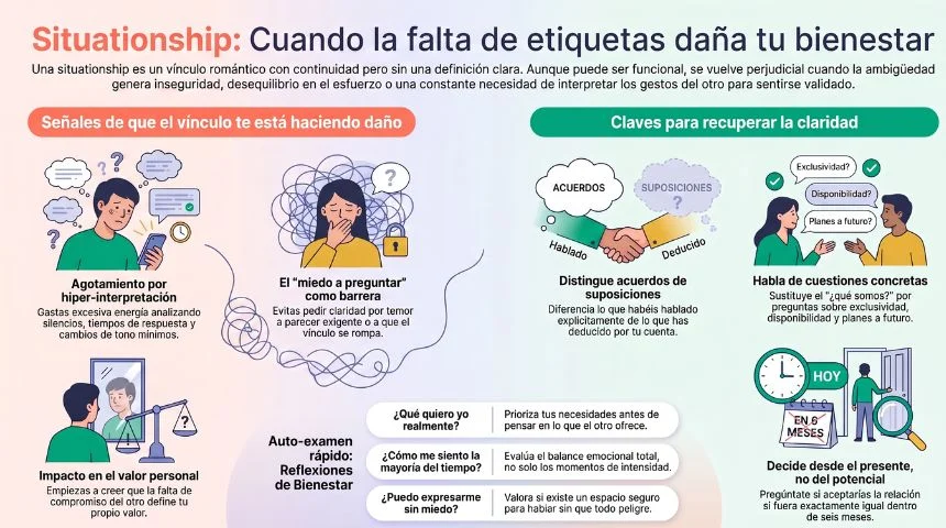 Infografía sobre las señales de que una situationship puede hacer daño y cómo recuperar claridad
